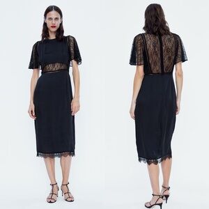 Zara Black Satin Midi Lace Dress Sz L